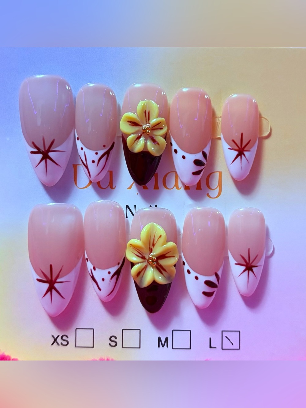 Pink Floral Acrylic Nail Set with Yellow Accent Flower